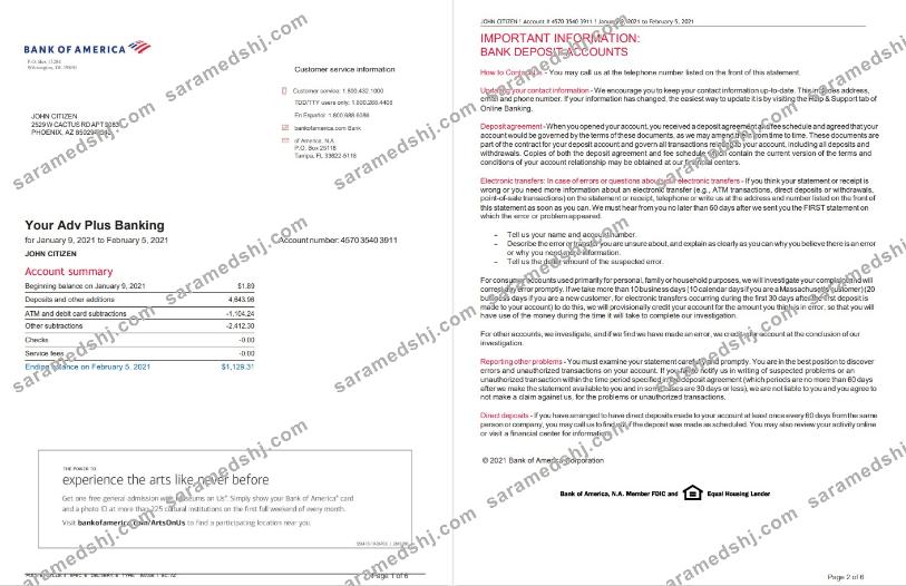 USA Bank of America bank statement template in Word and PDF format, 6 pages, version 2